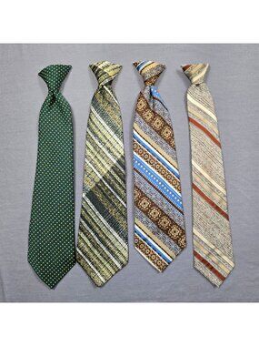 Mens Neckties Vintage Woven Print Clip On Green/Brown/Beige Gold